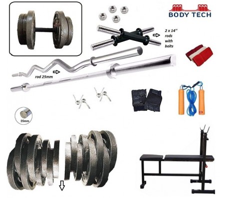 Body Tech 100 Kg Cast Iron Home Gym Fitness Kit  Handle Weight Lifting Pack with 4 rods and 3 in 1 Multi Bench